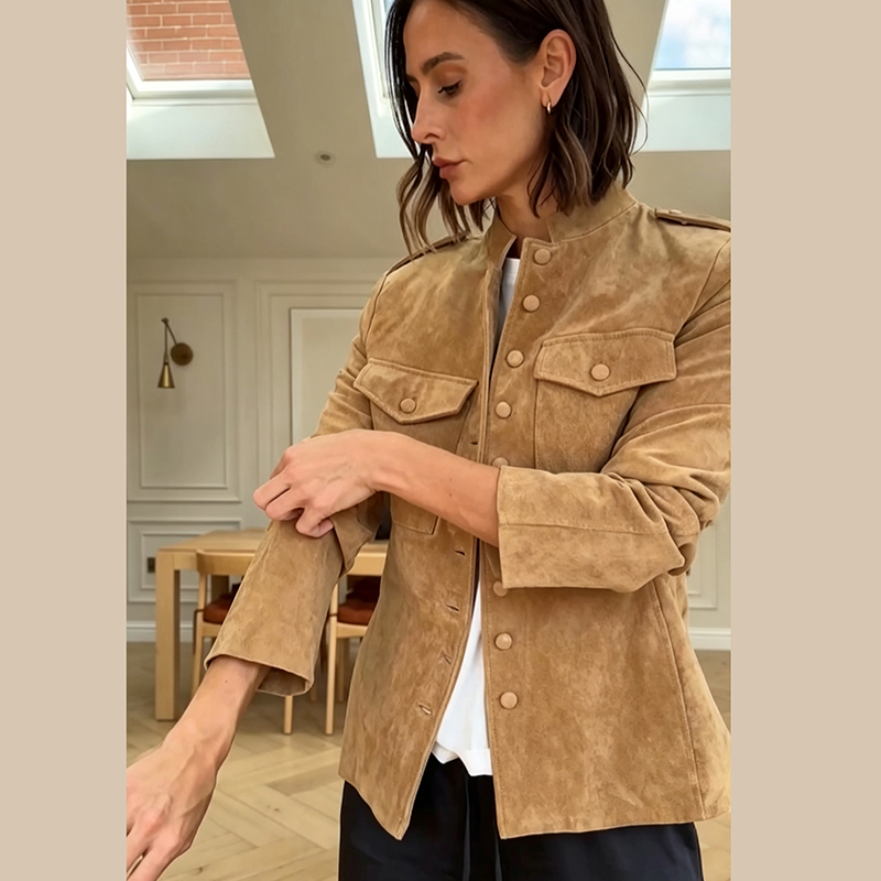 Women'S Fashion Utility Jacket - جاكيت نسائي قصير من الجلد الصناعي