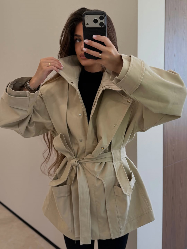 Women'S Fashion Utility Jacket - معطف نسائي قصير بحزام وياقة مرتفعة