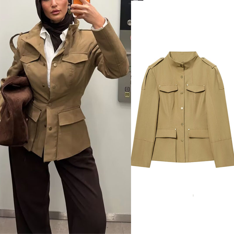 Women'S Fashion Utility Jacket - سترة نسائية بتصميم عسكري باللون الكاكي