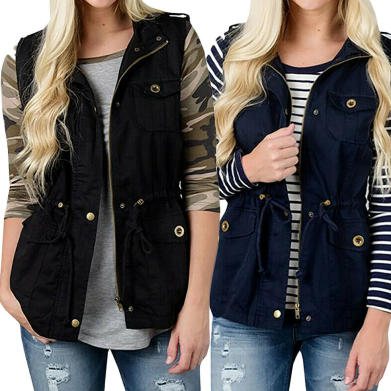 Women'S Fashion Utility Jacket - سترة سفاري مع جيوب ورباط للنساء