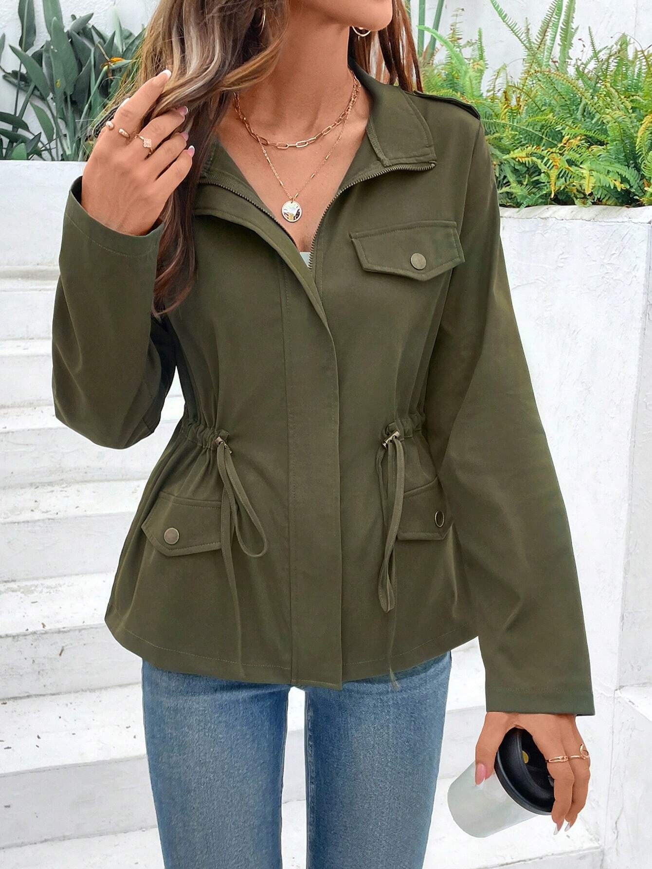 جاكيت نسائي قصير بياقة مرتفعة  - مراجعة Women'S Fashion Utility Jacket وسعره
